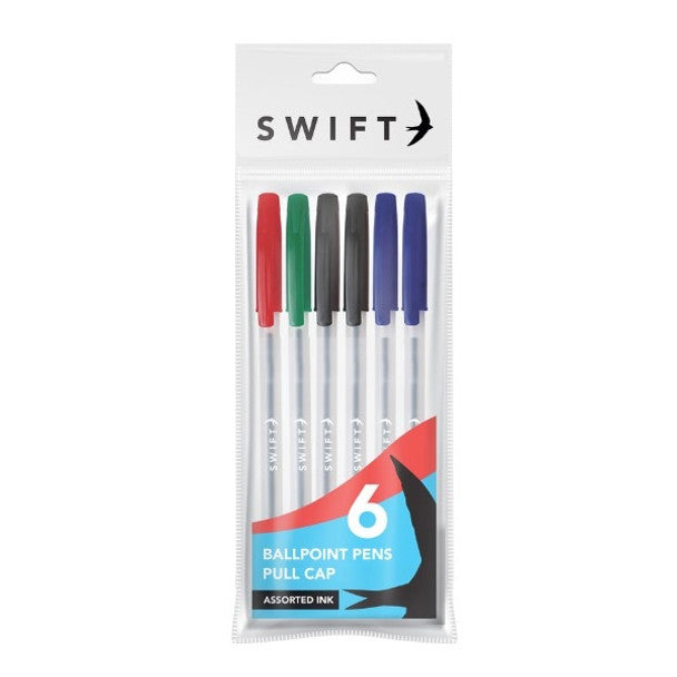 Pack of 6 Assorted Pull Cap Ballpoint Pens